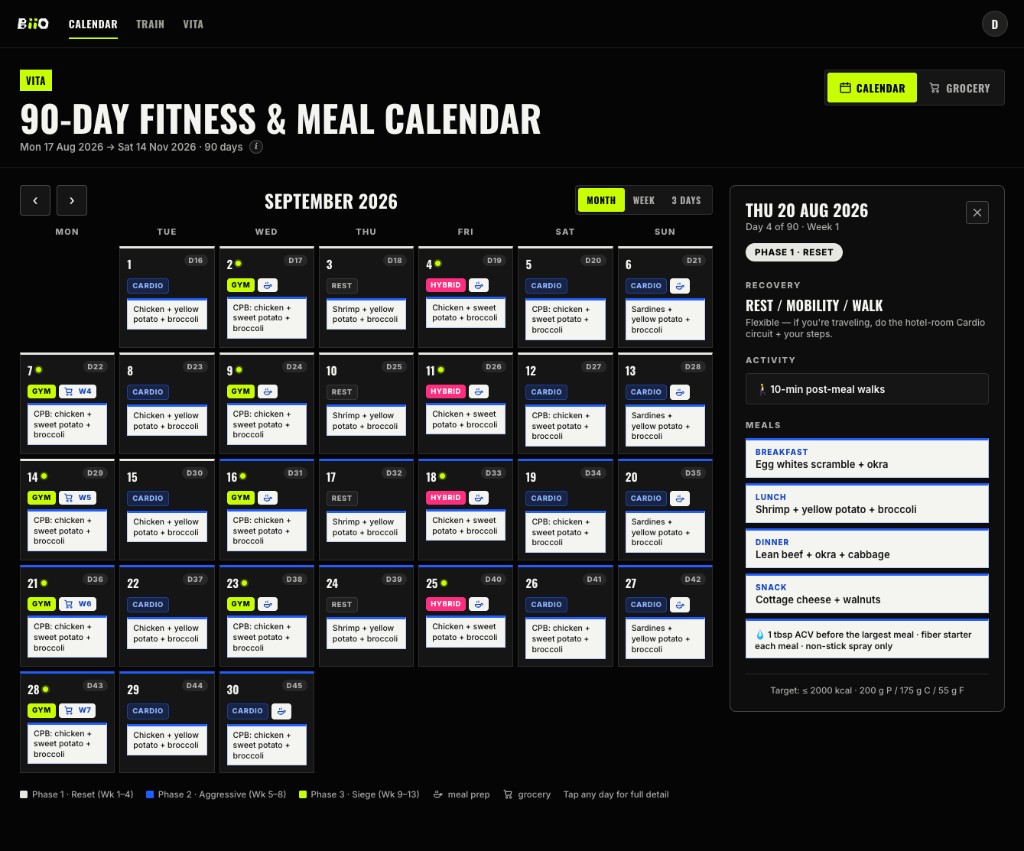 Screenshot of the BiiO 90-day fitness and meal calendar