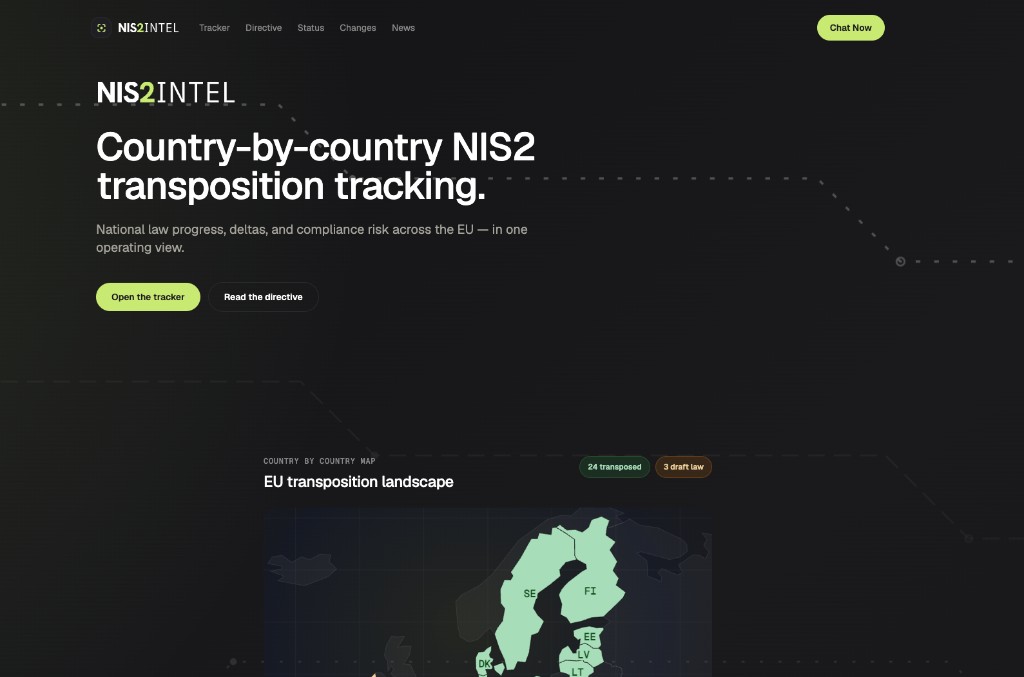 Above-the-fold screenshot of nis2intel.com
